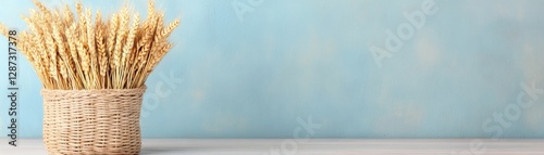A woven basket filled with dried wheat stands against a soft blue background, creating a serene and rustic decor accent.