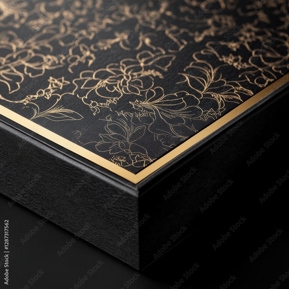 Fototapeta premium Elegant Embossed Gold Packaging Design Showcase High-End Retail Product Presentation Luxurious Environment Close-Up Visual Appeal