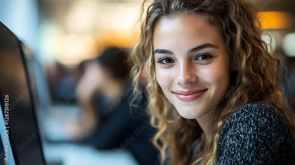 Young woman smiles at computer in modern office Young woman smiles at computer in modern office