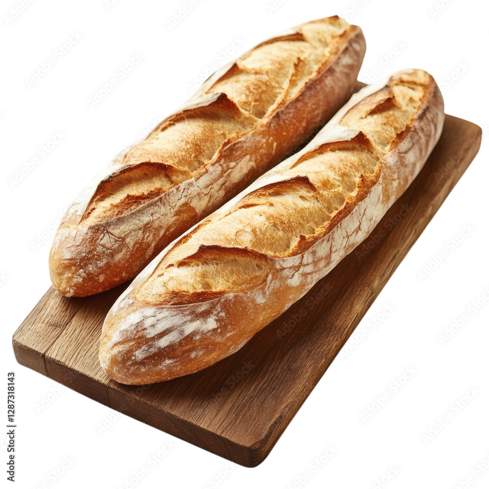A Fresh Soft Baguette Bread on a Wooden Board Isolated on Transparent Background A Fresh Soft Baguette Bread on a Wooden Board Isolated on Transparent Background