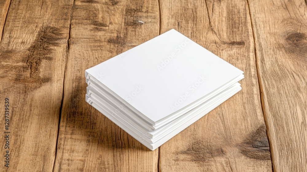 Fototapeta premium Stack of blank white paper on rustic wooden surface creating a minimalist aesthetic for creative projects and inspiration
