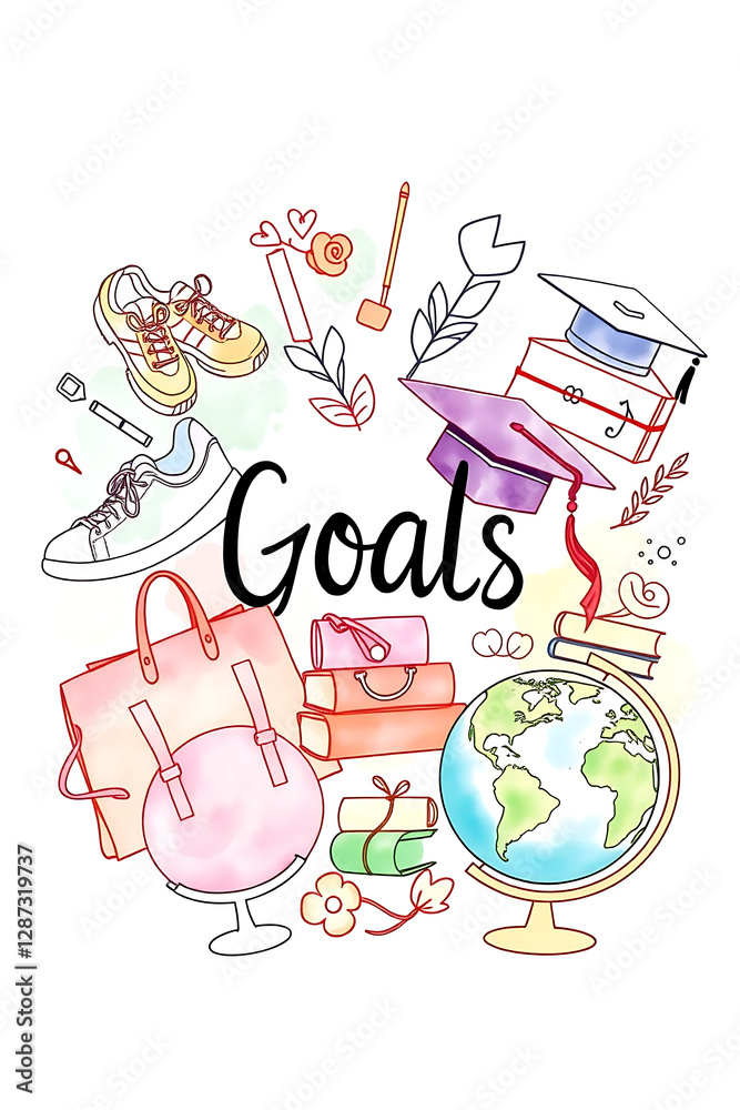 Naklejka premium Student Goals and Education Inspiration: Colorful Doodle Illustration Celebrating Success and Personal Growth