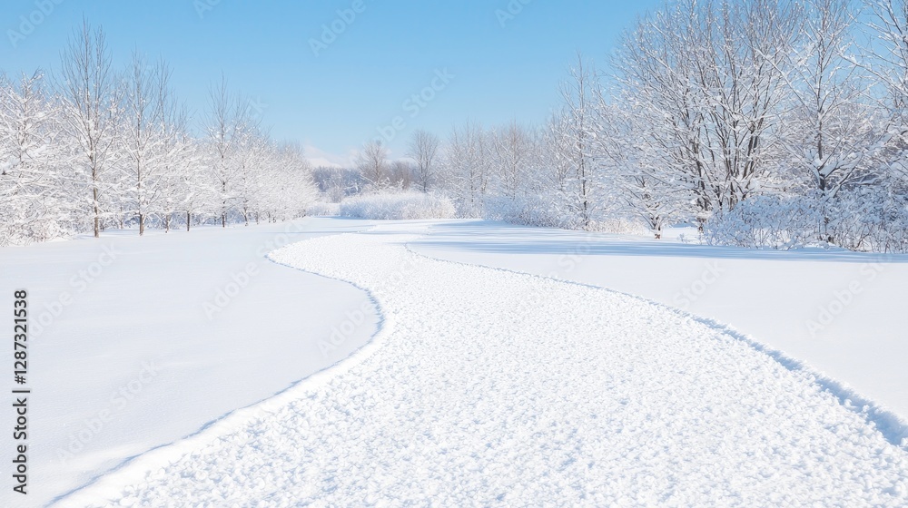 Snowy winter trail through trees Snowy winter trail through trees
