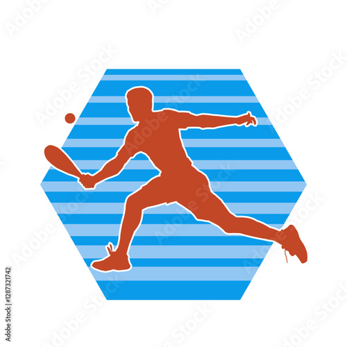 Silhouette of a male tennis player in action pose. Silhouette of a man playing tennis sport with racket.