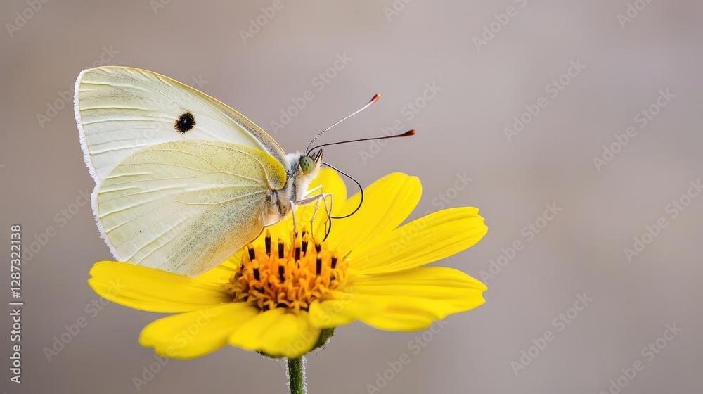Pale butterfly on yellow flower, soft background Pale butterfly on yellow flower, soft background