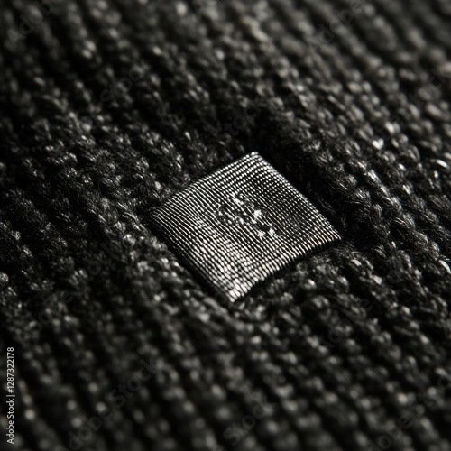 Textured Fabric Label Featuring Metallic Silver Foil Close-Up Fashion Modern Environment Textile Concept photo