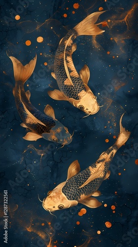 Traditional blue and gold line koi illustration poster background