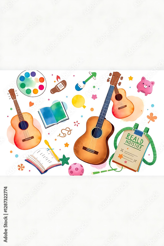 Naklejka premium Children's Arts and Crafts Exploration with Colorful Acoustic Guitar and Watercolor Art Supplies - Vibrant Imagination and Creative Learning Activities for Kids