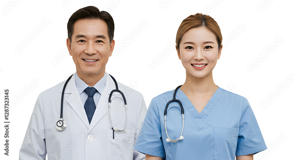 Portrait of a smiling doctor with a female nurse, isolated on transparent background Portrait of a smiling doctor with a female nurse, isolated on transparent background