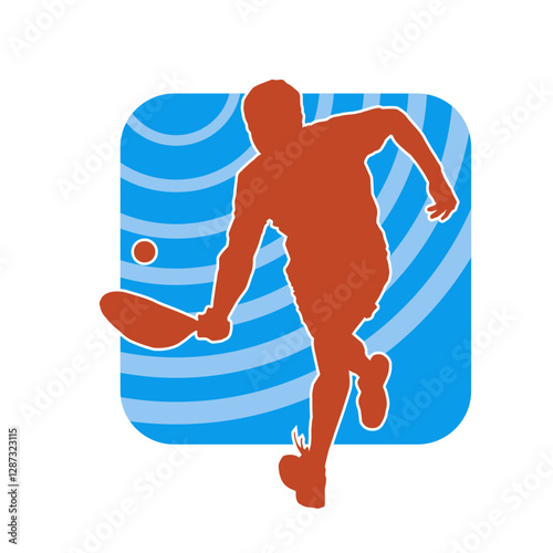 Silhouette of a male tennis player in action pose. Silhouette of a man playing tennis sport with racket.