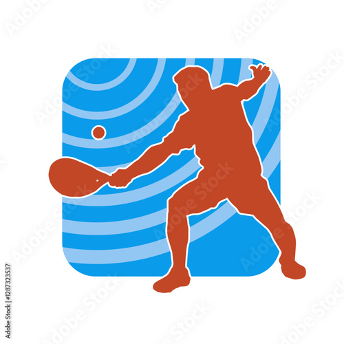 Silhouette of a male tennis player in action pose. Silhouette of a man playing tennis sport with racket.