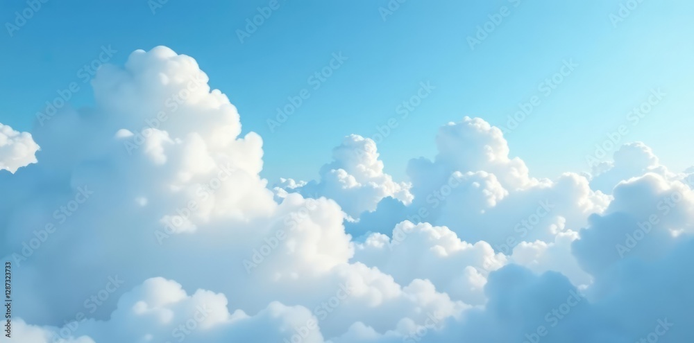 Gentle clouds float on a tranquil blue morning sky, clear blue, fluffy
