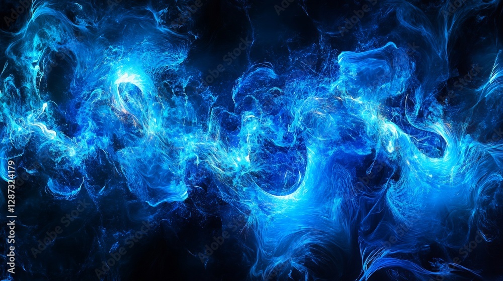Fototapeta premium Abstract Blue Energy Swirls Digital Art with Luminous Bright Waves and Dark Background
