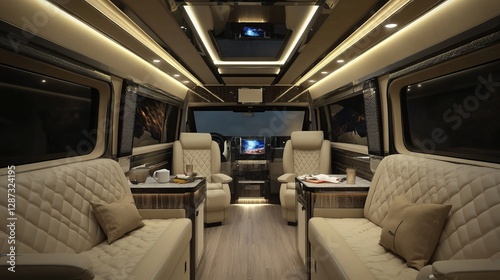 Luxury Van Interior For Business Or Leisure Travel With Comfortable Seating And Entertainment System. Upscale Mobile Office.