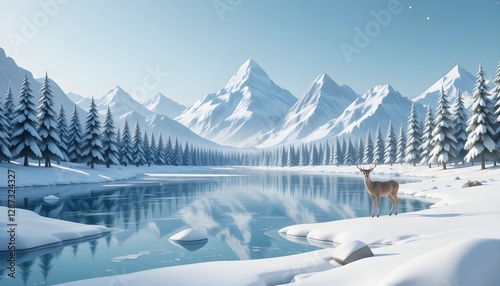 Low Poly Winter Landscape with Frozen Lake and Deer