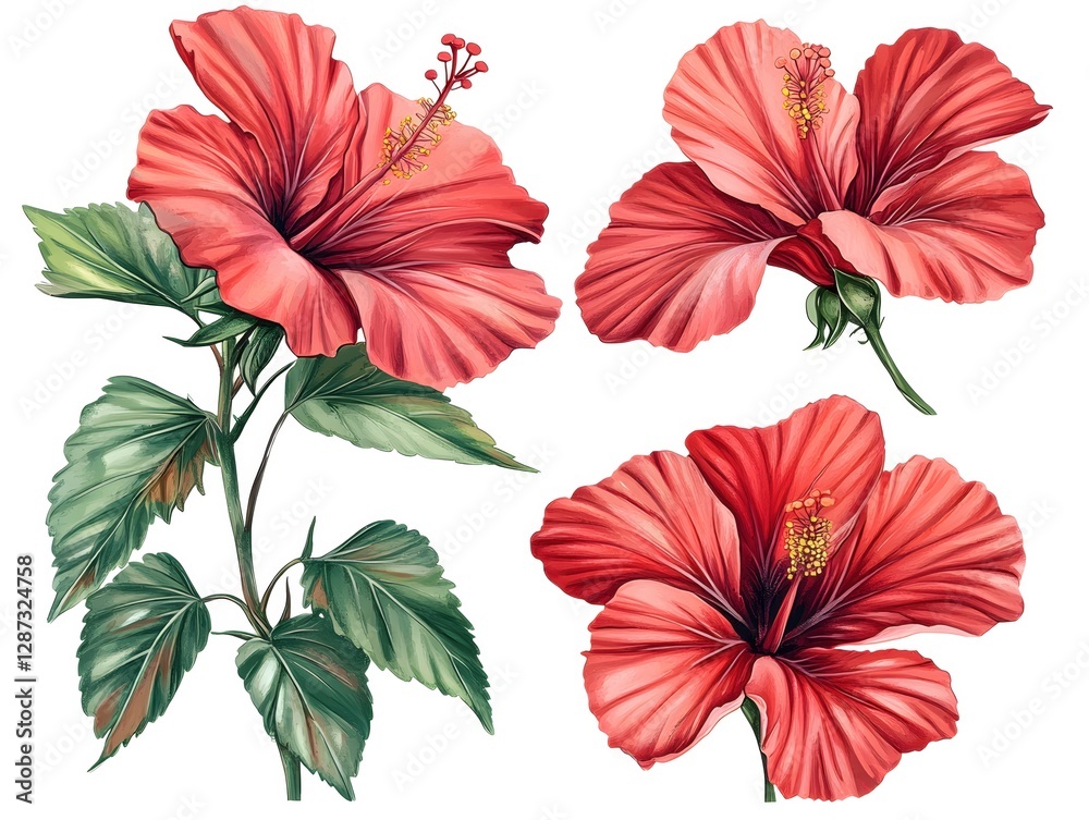 Three beautiful hibiscus flowers in red and green tones on a white background floral art Three beautiful hibiscus flowers in red and green tones on a white background floral art