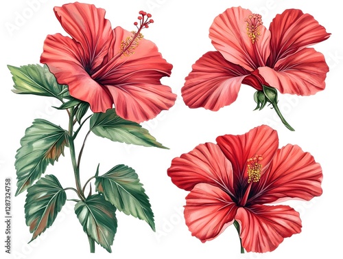 Three beautiful hibiscus flowers in red and green tones on a white background floral art