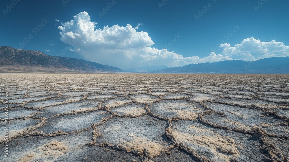 Vast cracked dry landscape under a clear blue sky with distant mountains and fluffy clouds in the background Vast cracked dry landscape under a clear blue sky with distant mountains and fluffy clouds in the background