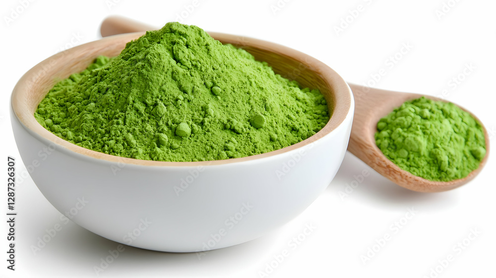 Matcha powder in bowl and spoon, white background, healthy drink ingredient Matcha powder in bowl and spoon, white background, healthy drink ingredient