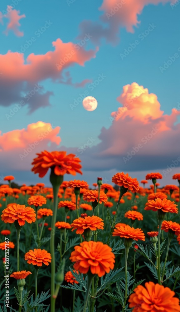 A captivating twilight scene unfolds across a field of vibrant orange marigold flowers, their petals aglow in the soft, fading light. A captivating twilight scene unfolds across a field of vibrant orange marigold flowers, their petals aglow in the soft, fading light.