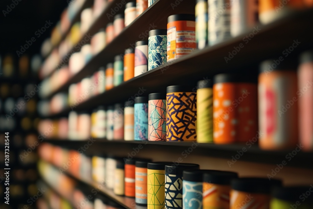 custom made wallpaper toronto digitalColorful Cylindrical Containers on Shelves: A Visual Delight of Abstract Designs and Patterns, Organized and Appealing.