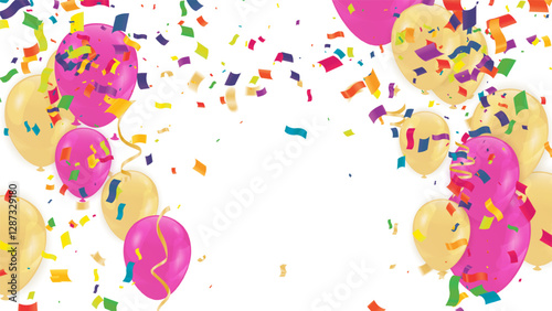 Set of pink, white transparent with confetti helium balloon isolated in the air.for birthday, anniversary, celebration, event design. Vector illustration
