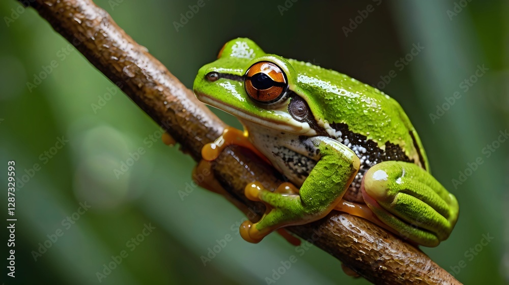 Close-up of a vibrant green tree frog clinging to a branch. Close-up of a vibrant green tree frog clinging to a branch.