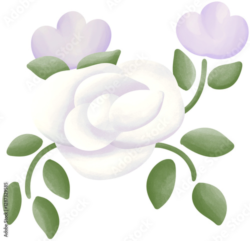 Illustration of a small white rose blooming.