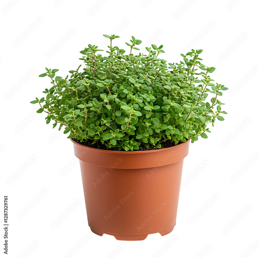 A Small Potted Thyme Plant with Aromatic Green Leaves Isolated on Transparent Background A Small Potted Thyme Plant with Aromatic Green Leaves Isolated on Transparent Background