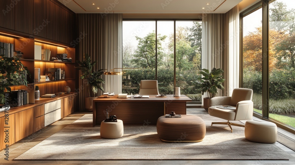 Fototapeta premium A cozy office in deep tawny tones with tawny-colored walls sleek wooden furniture beige decor accents and glowing golden light creating a warm and inviting workspace 