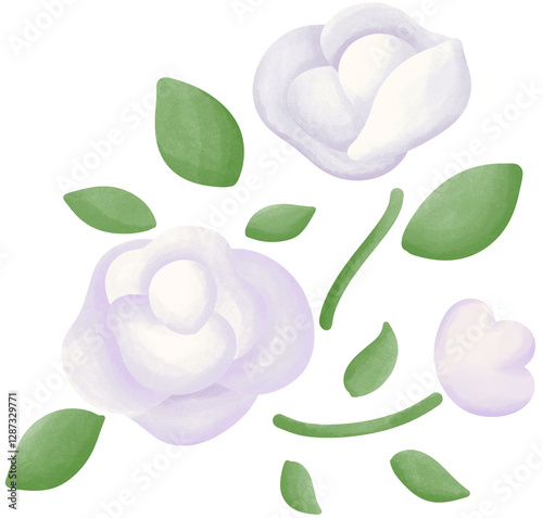 Illustration of a small white rose blooming.
