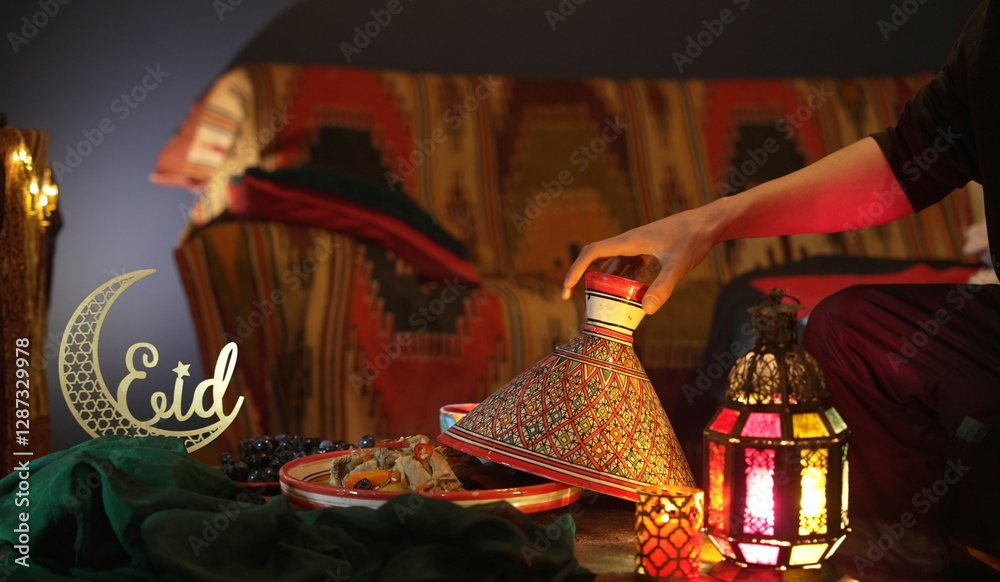Fototapeta premium Eid Mubarak. Hot tagine with meat vegetables. Traditional Foods of Muslim People Ramadan Feast Celebrations.