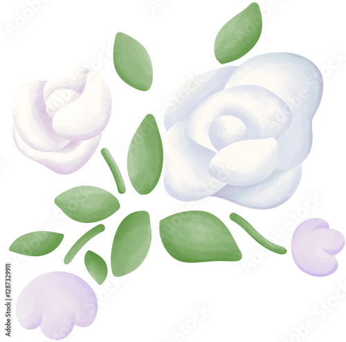 Illustration of a small white rose blooming.