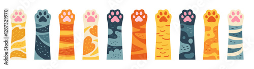 Cats paws cartoon set. Row of different cat kitten palm up, cute furry hands art. Horizontal banner for pet store in flat style design. Collection of pets feet various fur colors. Vector Illustration