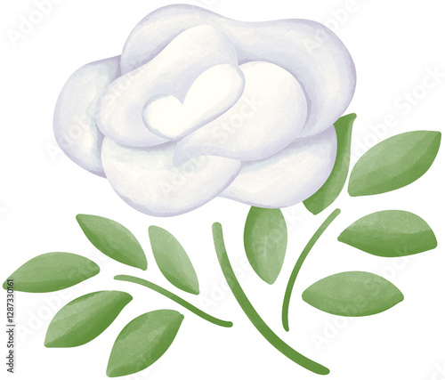Illustration of a small white rose blooming.
