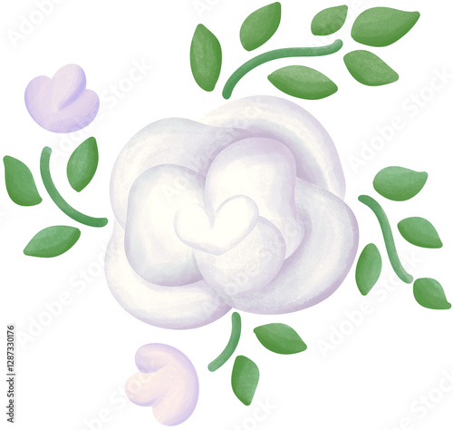 Illustration of a small white rose blooming.