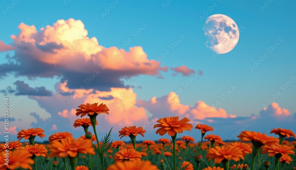 Obraz premium A captivating twilight scene unfolds across a field of vibrant orange marigold flowers, their petals aglow in the soft, fading light.