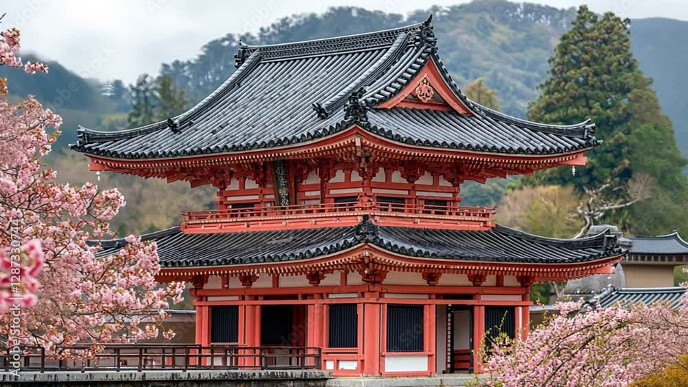 Japanese temple pagoda with cherry blossoms Japanese temple pagoda with cherry blossoms