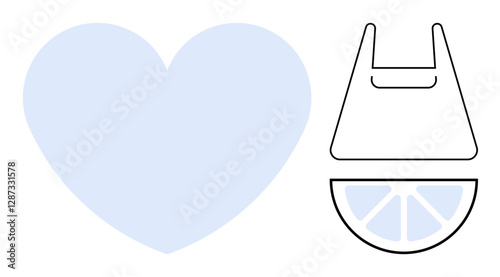 Blue heart next to shopping bag with a lemon slice inside. Ideal for themes of love, shopping, health, fresh produce, eco-friendly, consumption, fruit. Perfect abstract line flat metaphor