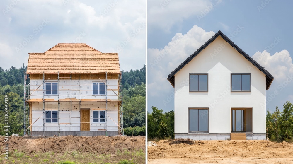 Two images of a house, one under construction and the other completed, showcasing the transformation and progress in home building.