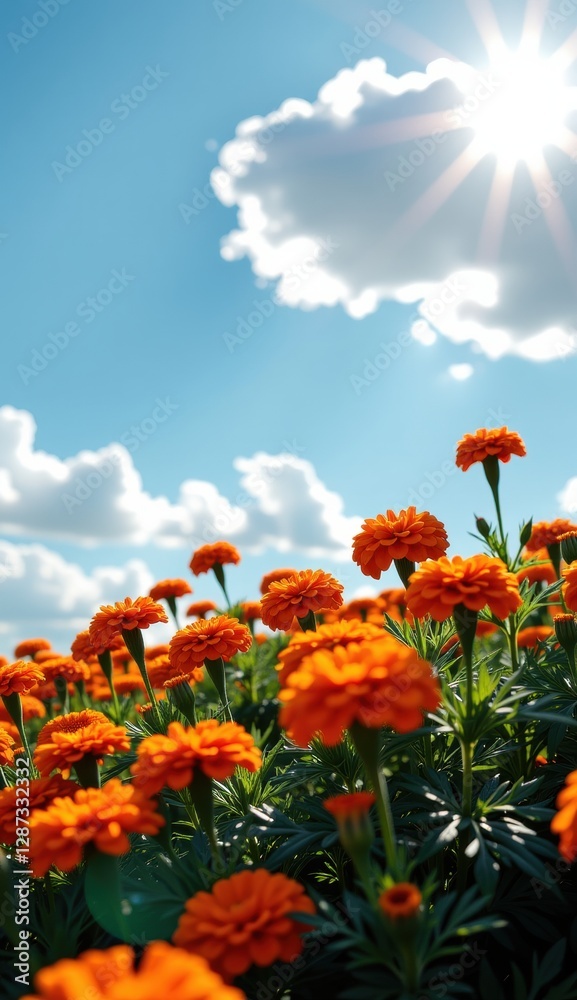 Obraz premium A captivating twilight scene unfolds across a field of vibrant orange marigold flowers, their petals aglow in the soft, fading light.
