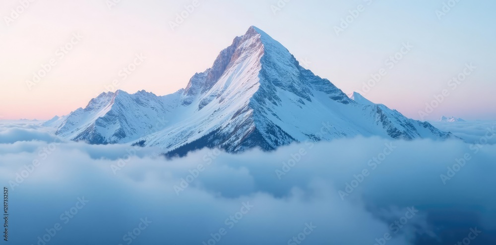 Dense fog surrounds a snow-covered mountain peak, winter, frozen, mountains Dense fog surrounds a snow-covered mountain peak, winter, frozen, mountains
