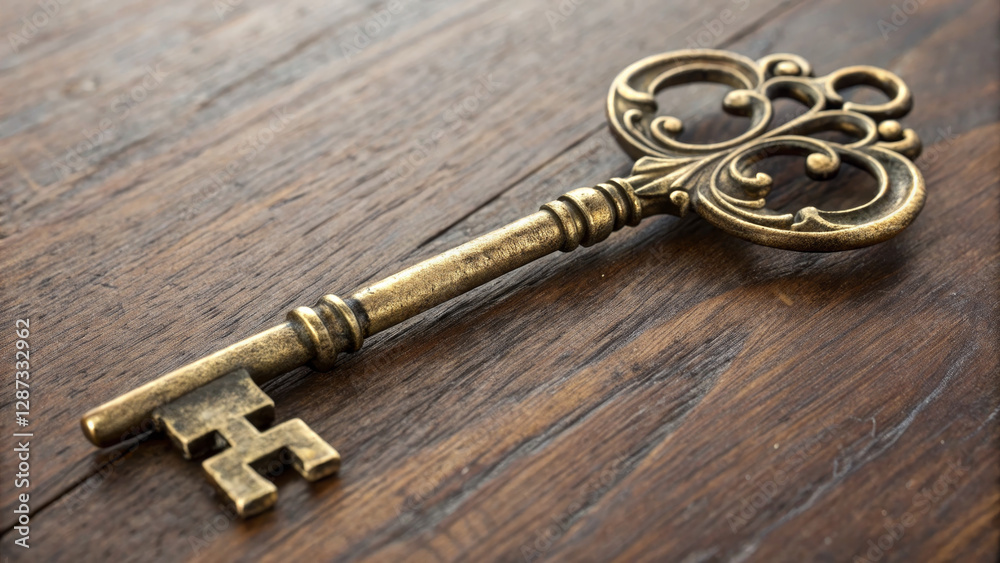 Antique decorative key with intricate design on wooden surface Antique decorative key with intricate design on wooden surface