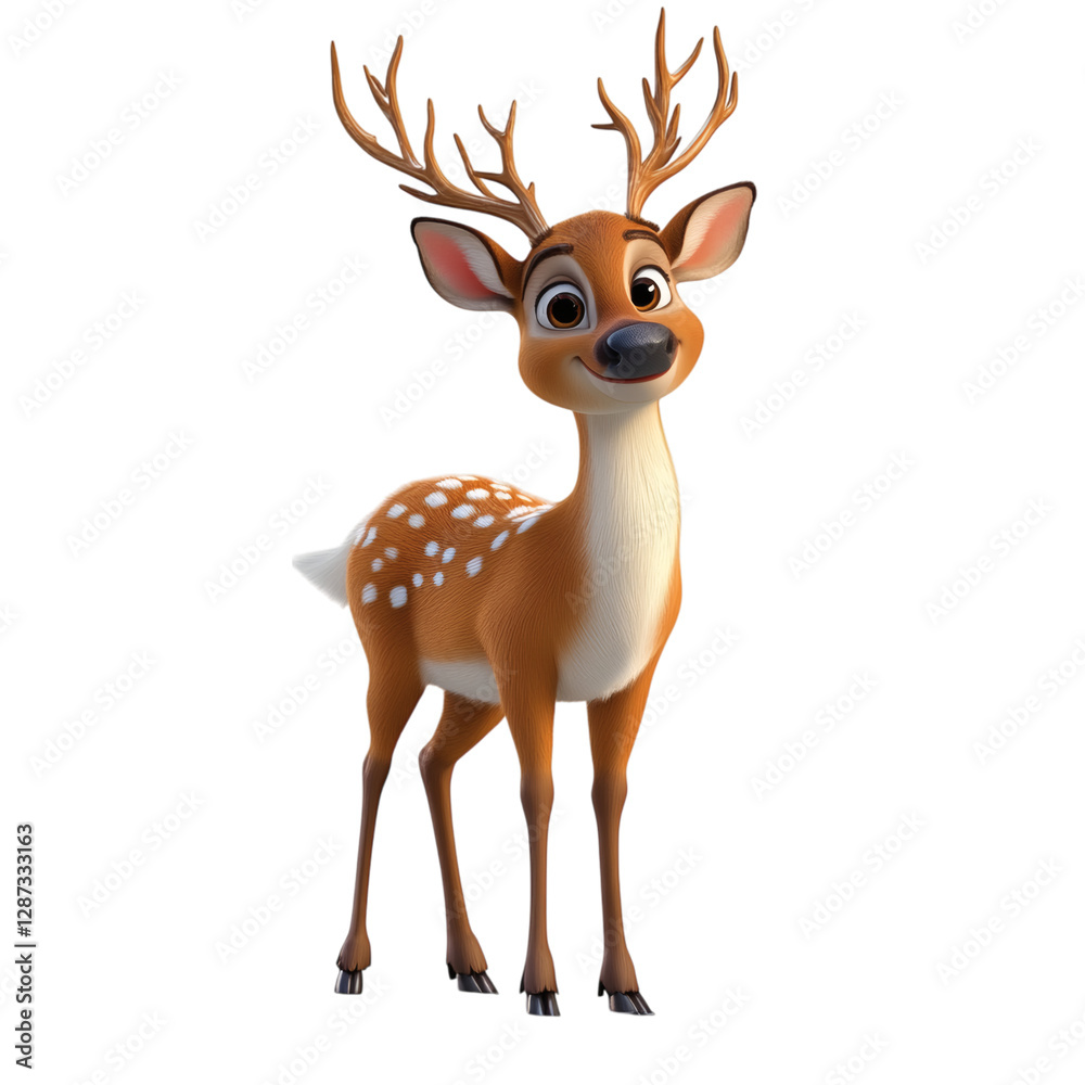 Naklejka premium A Curious 3D Cartoon Deer Exploring a Snowy Landscape Isolated on Transparent Background