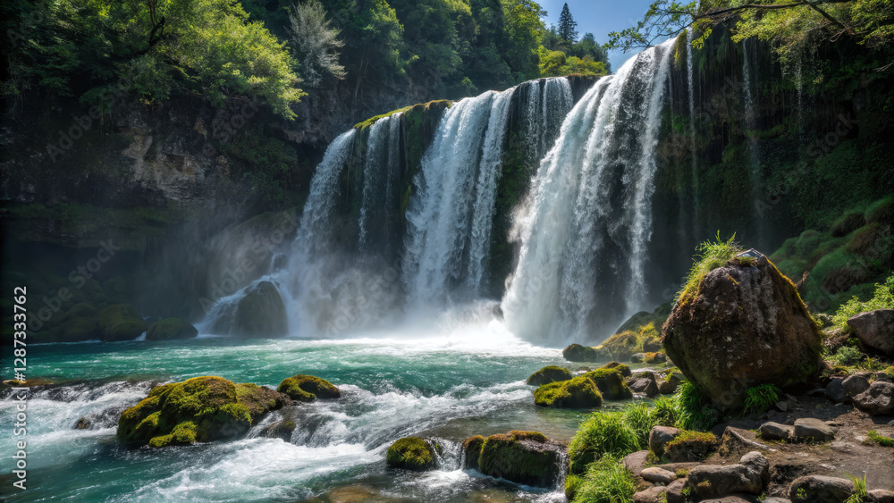 Fototapeta premium Majestic waterfall cascading over rocks into serene pool below