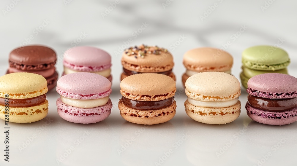 Colorful Macarons Displayed on a Bright White Surface Colorful Macarons Displayed on a Bright White Surface