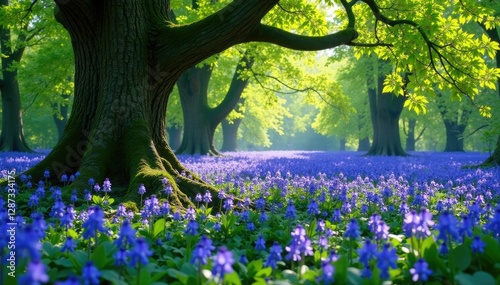 Dense bluebell carpet beneath ancient tree branches, spring, foliage, nature