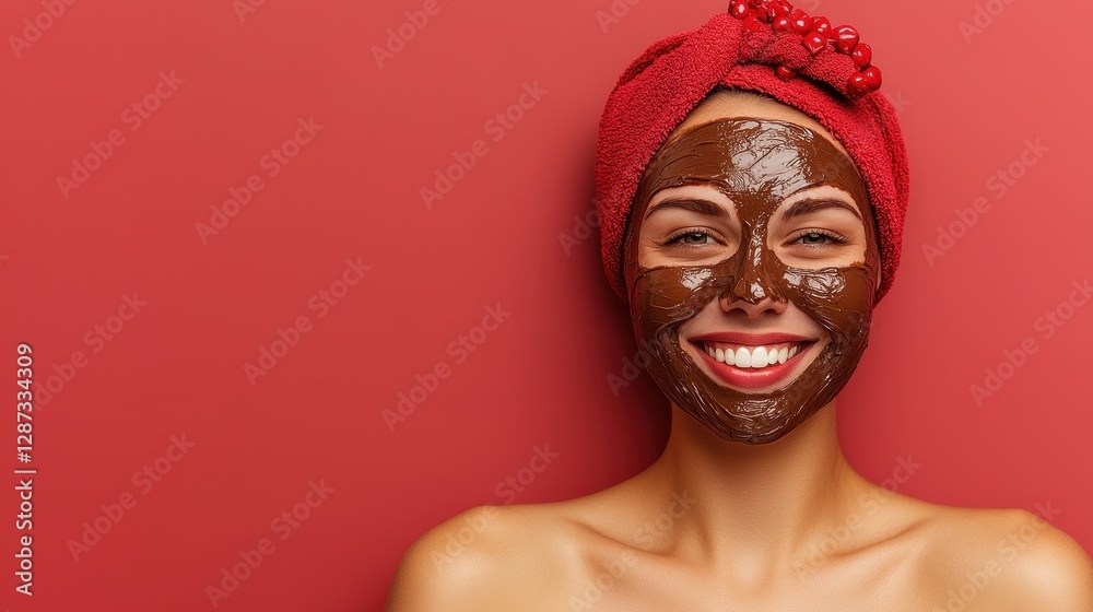Smiling Woman with Chocolate Facial Mask and Red Towel on Head