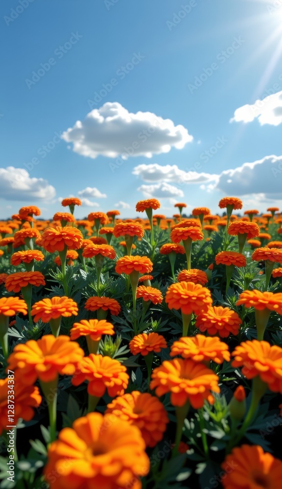 Fototapeta premium A captivating twilight scene unfolds across a field of vibrant orange marigold flowers, their petals aglow in the soft, fading light.