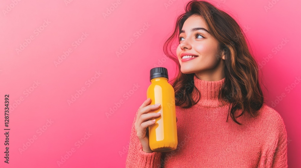 Young woman smiles while holding a yellow bottle against a pink background. Young woman smiles while holding a yellow bottle against a pink background.